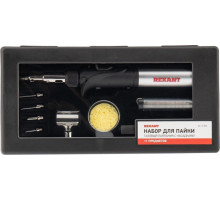 Паяльник REXANT П0505 с пьезоподжигом, газовый, 17мл, 6 насадок + припой 12-0505